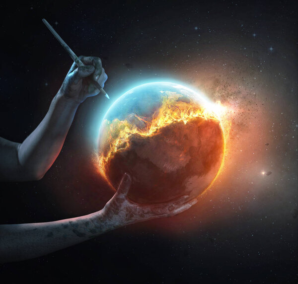 Сюрреалистичный образ мира в огне и нуждающегося в спасении
.