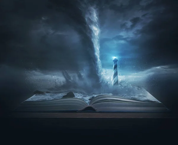 Stor Storm Och Tornado Ovanpå Sidorna Bibel Med Ljusa Fyr — Stockfoto