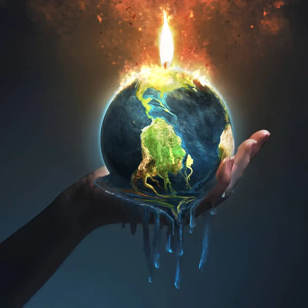 Hand Holds Earth Melting Fire — Stock Photo, Image