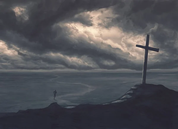 남자는 폭풍에서와 십자가 쪽으로 — 스톡 사진