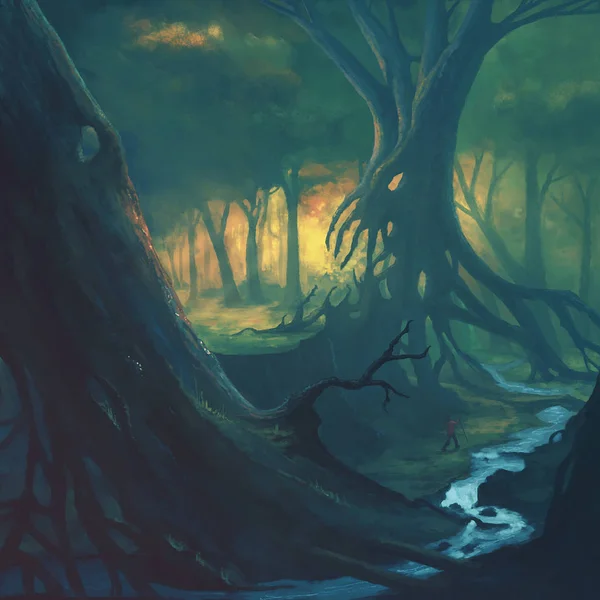 Digitale Illustration Eines Mannes Der Durch Einen Beängstigenden Wald Geht — Stockfoto