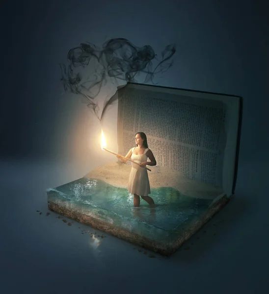 A woman in a Bible with heart shaped smoke.