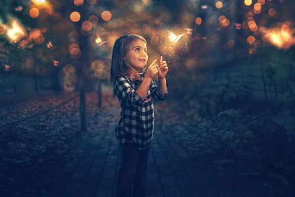 Little Girl Chasing Glowing Butterflies Night — Stock Photo, Image