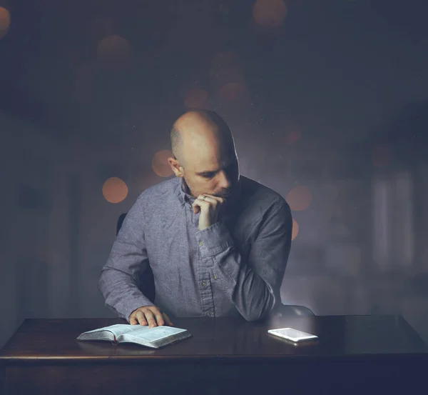 Man Reading Bible Distracted His Phone — Stock Photo, Image