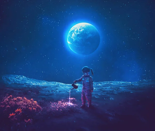 Una Bambina Vestita Astronauta Innaffia Bellissimi Fiori Sulla Luna — Foto Stock