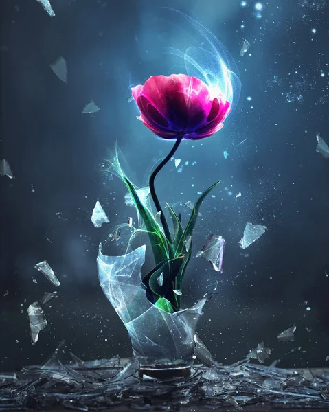 Single Pink Tulip Burst Forth Broken Light Bulb — Stock Photo, Image