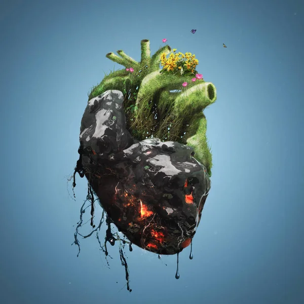 Coração Humano Está Coberto Com Alcatrão Morte Lado Flores Vida — Fotografia de Stock