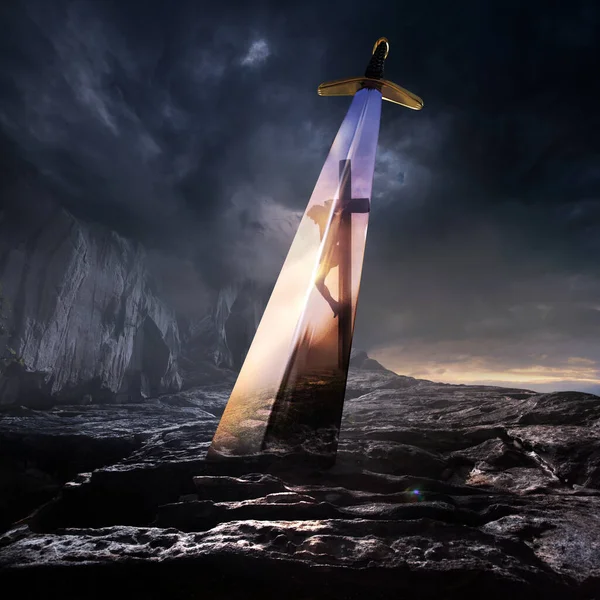 Large Sword Stuck Rock Jesus Cross Reflection — Stock Photo, Image