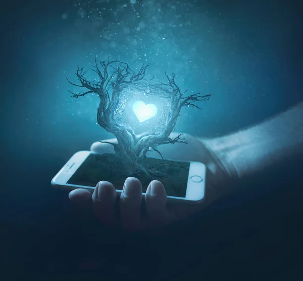 Sosteniendo Teléfono Celular Con Árbol Que Levanta Pantalla Corazón Brillante —  Fotos de Stock