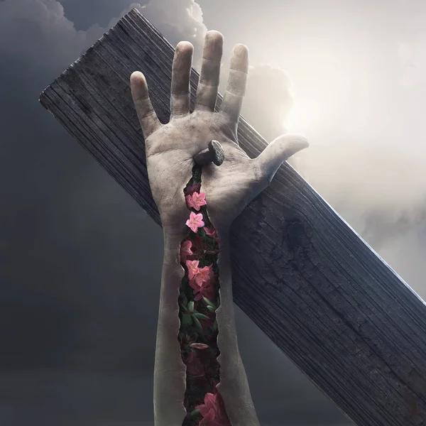 Surreal Image Christ Cross Flowers Life Breaking Skin — Stock Photo, Image