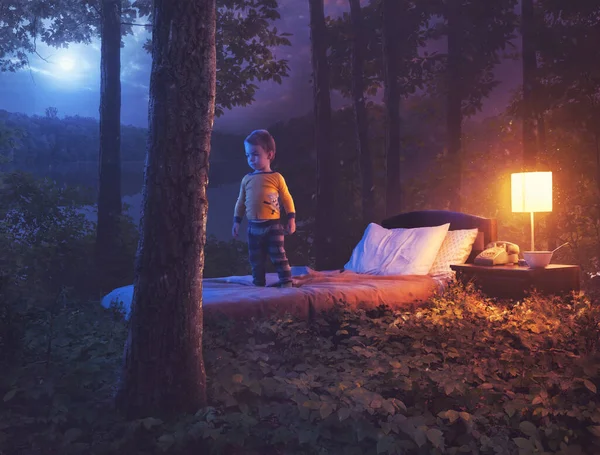 Imagen Surrealista Niño Cama Medio Del Bosque Nocturno — Foto de Stock