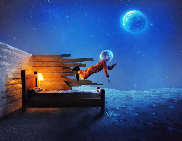 一个小女孩离开卧室去探索月球和外太空 — 图库照片