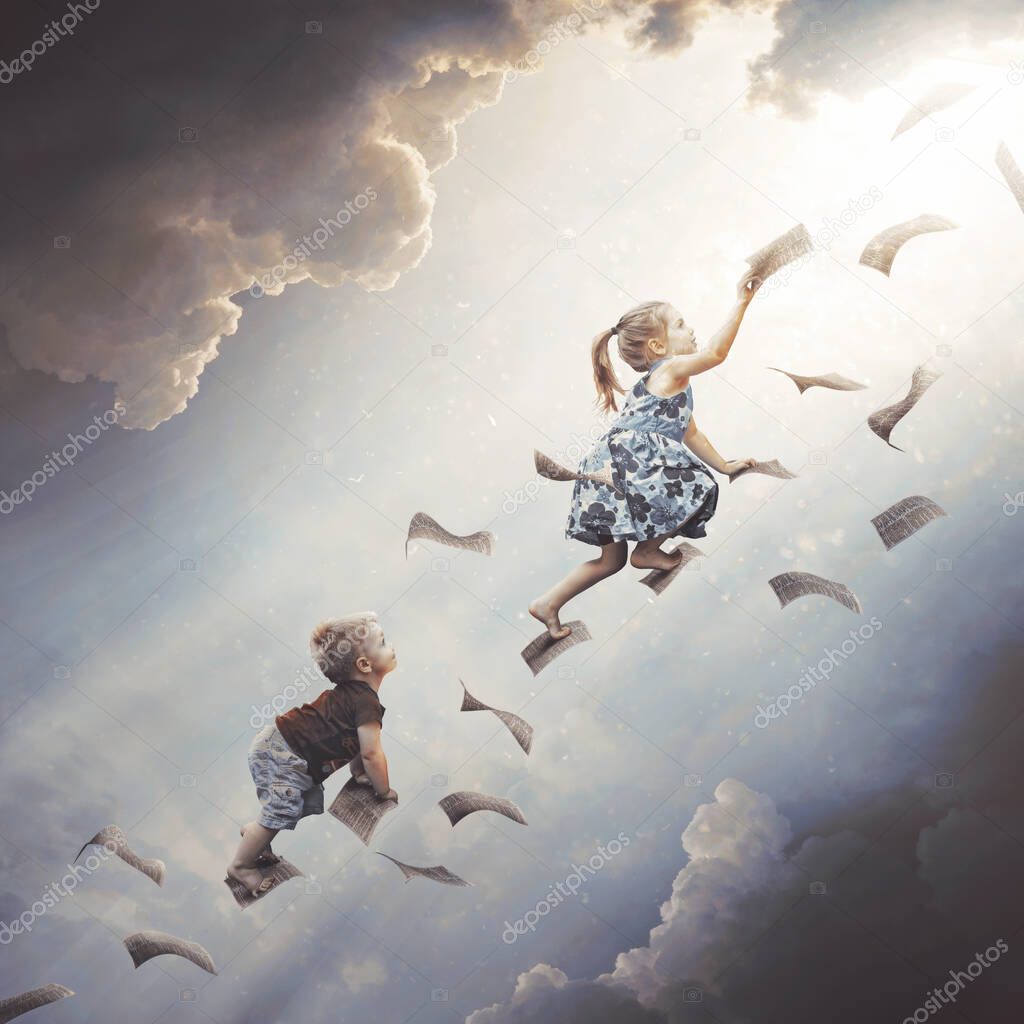 A young boy and girl are climbing up falling pages high into the sky