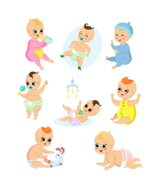 矢量插图集可爱的婴儿在不同的位置和情绪。每天的快乐可爱的孩子的日常。婴儿男孩和女孩睡觉, 吃, 哭和微笑, 一起玩卡通平面风格. — 图库矢量图片
