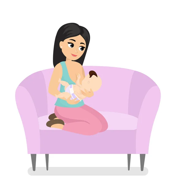 矢量插画美丽的年轻母亲坐在沙发上, 抱着婴儿在她的手, 而母乳喂养。母乳, 彩色婴儿母乳喂养概念平面卡通风格. — 图库矢量图片