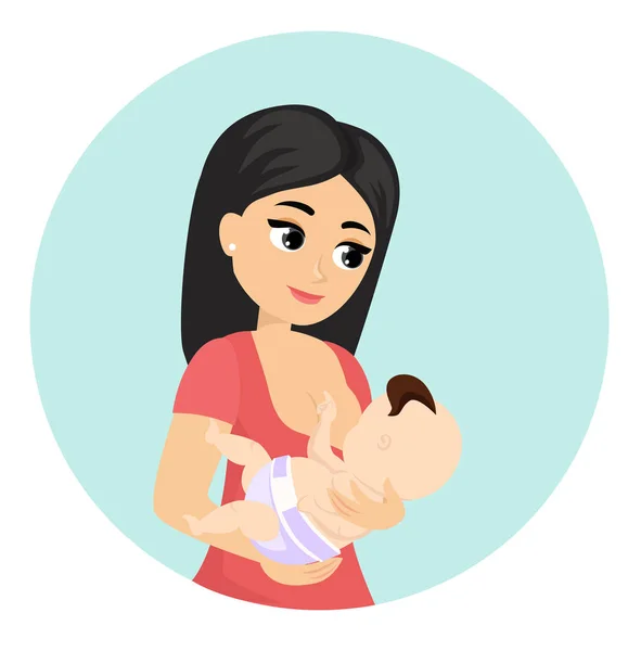 Vectorillustratie van moeder voeden van haar baby, borstvoeding. Mooie kleurrijke personages van jonge moeder met baby in vlakke stijl cartoon. — Stockvector