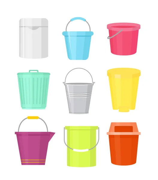 Vector illustration set of colorful buckets different shapes. Containers with handle in cartoon flat style on white background. — Stock Vector