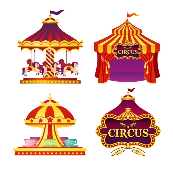 Conjunto de ilustrações vetoriais de emblemas de circo de carnaval, ícones com tenda, carrosséis, bandeiras isoladas em fundo branco em cores brilhantes . —  Vetores de Stock