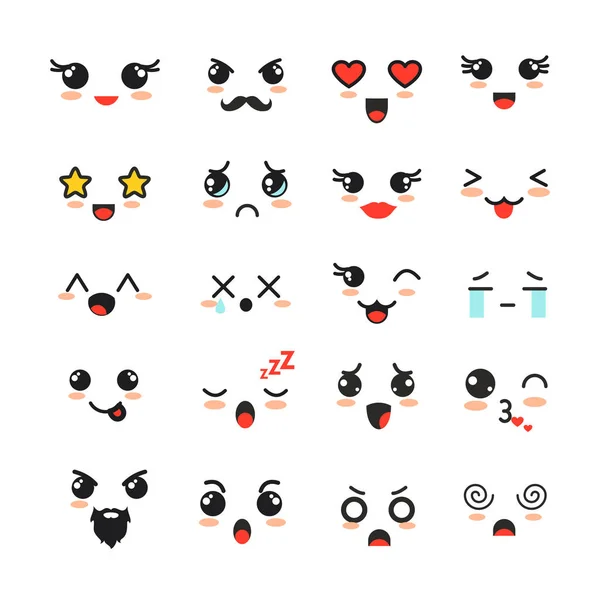 Conjunto de ilustrações vetoriais de rostos vetoriais fofos com emoções diferentes, coleção de emoji no fundo branco . — Vetor de Stock