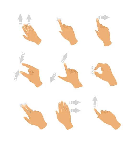 Векторний набір ілюстрацій сенсорного екрану ручні жести з сірими кольоровими стрілками, що показують напрямок руху пальців ізольовані на білому тлі в плоскому стилі . — стоковий вектор