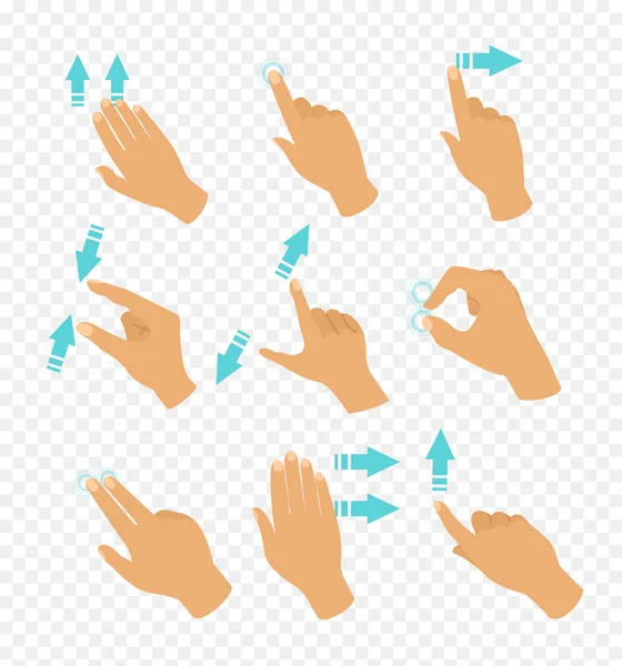 Illustrazione vettoriale serie di mani in diverse posizioni gesti touch screen, le dita si muovono da frecce di colore blu che mostrano la direzione di movimento delle dita isolate su sfondo trasparente in piano — Vettoriale Stock