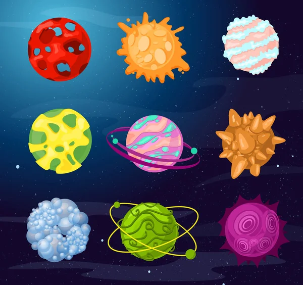 Conjunto de ilustración vectorial de coloridos planetas de dibujos animados, elementos espaciales y objetos en colores brillantes estilo plano . — Vector de stock