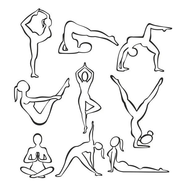 Conjunto de ilustración vectorial de siluetas de contorno de chica delgada practicando posiciones de yoga, formas de línea de mujer haciendo yoga, concepto de entrenamiento de fitness . — Vector de stock