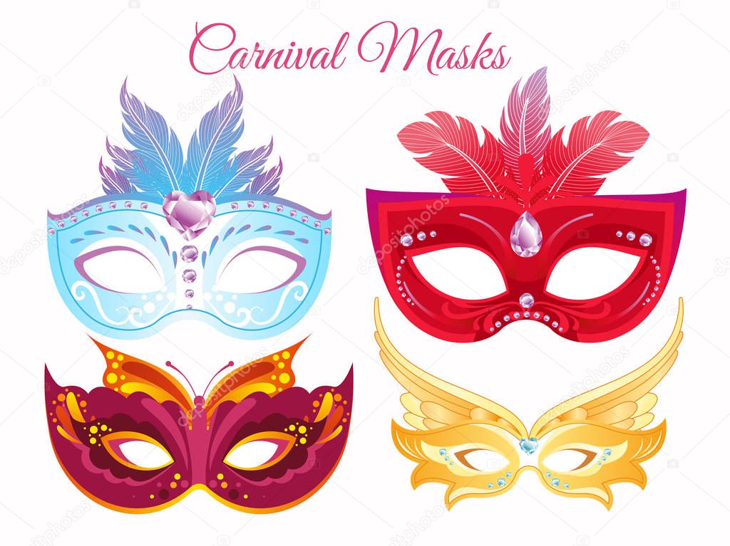 Vector illustration set venetian painted carnival facial masks. Masks for a party decorated with bright colorful feathers and rhinestones isolated on white background.