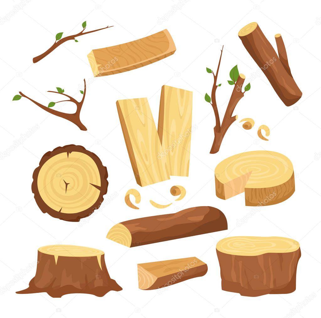 Vector illustration set of materials for wood industry, tree logs, wood trunks, chopped firewood wooden planks, stump, twigs and trunks in cartoon flat style.