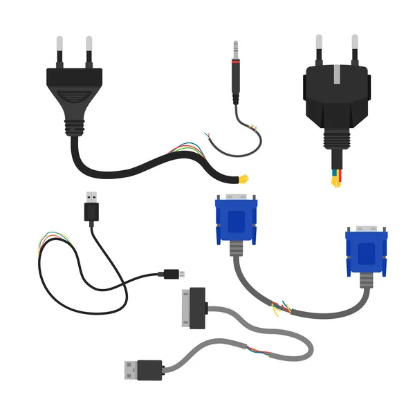 Illustration vectorielle de la collection de câbles électriques endommagés isolés sur fond blanc. Coupe de câble, vga et USB dans le style de dessin animé plat . — Image vectorielle