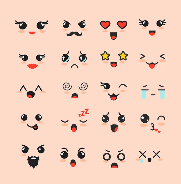 Conjunto de ilustración vectorial de caras lindas, diferentes emoticonos Kawaii, iconos de personajes adorables emoji diseño sobre fondo blanco . — Vector de stock