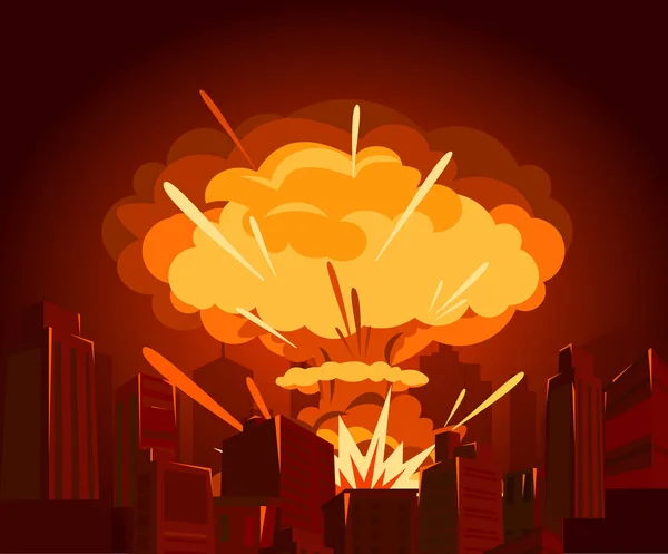 Vector illustration of atomic bomb in city. War and end of world concept in flat style. Dangers of nuclear energy. — Stock Vector