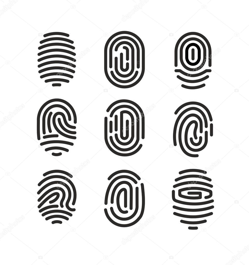 Vector illustration set of fingerprint icons on white background in minimalist style.