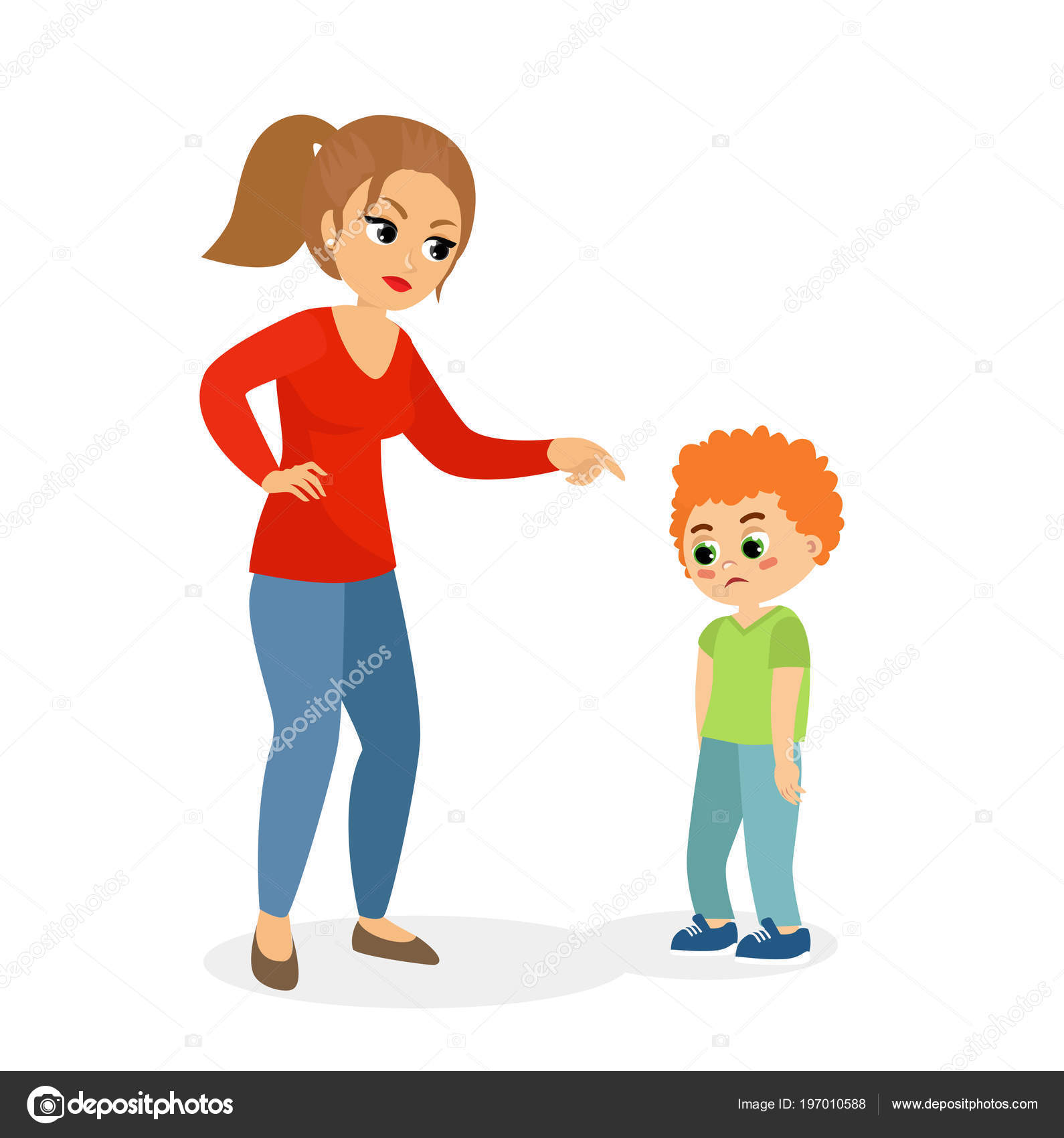 Vector illustration of mother character scolding her upset son, mom  punishes son concept in flat cartoon style. Stock Vector Image by  ©Nataliia2910@ #197010588