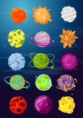 Vektör çizim set fantastik karikatür gezegenler, asteroitler, parlak renkler düz stil alanı nesneleri.