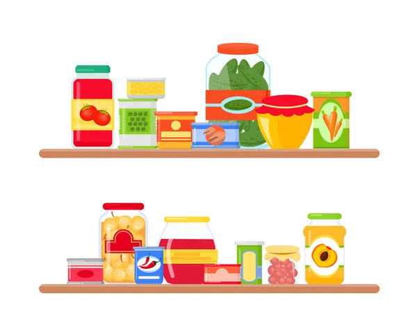 Illustrazione vettoriale degli scaffali dei negozi di alimentari pieni di generi alimentari colorati e luminosi in stile piatto . — Vettoriale Stock