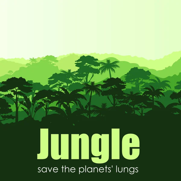 Ilustração vetorial da silhueta verde floresta tropical fundo abstrato com texto Selva salvar os planetas pulmões. Conservação da natureza e do meio ambiente, salvar o conceito de selva em design plano . —  Vetores de Stock