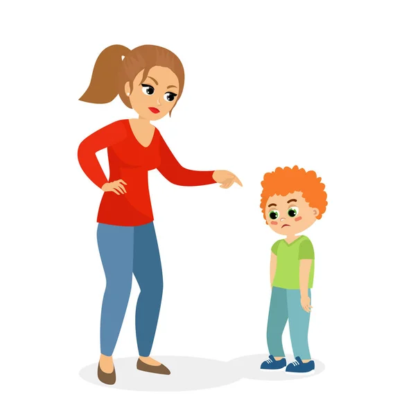 Ilustración vectorial del personaje madre regañando a su hijo molesto, mamá castiga el concepto de hijo en estilo plano de dibujos animados . — Vector de stock