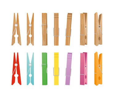 Vektör çizim ahşap ve beyaz arka plan üzerinde clothespin koleksiyon. Clothespins farklı parlak renkler ve düz stil ev için pozisyonlar.