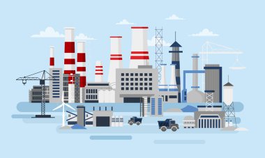 Bir sürü bina ve araçların büyük üretici vektör Illustration. Ekoloji kavramı, fabrika kirliliği, düz stil sektöründe.