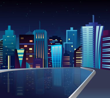 Gece cityscape göl ve ışık yansıması ile vektör çizim.
