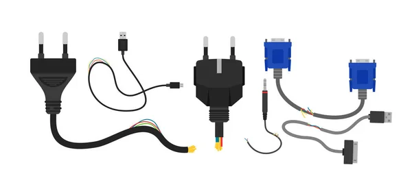 Conjunto de ilustrações vetoriais de cabos elétricos quebrados isolados em fundo branco. Coleção de cabos e fios em estilo cartoon plano . — Vetor de Stock