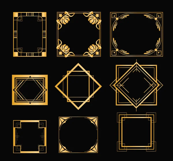 Vector illustration set of art deco frames in golden color. Vintage elements in style of 1920s for your design on black background. — Stock Vector