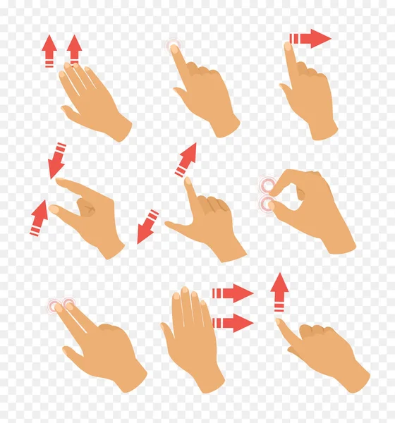 Illustrazione vettoriale serie di icone gestuali per dispositivi touch. Frecce puntatore e mano, computer portatile e muoversi. Tocco con le dita nel design piatto . — Vettoriale Stock