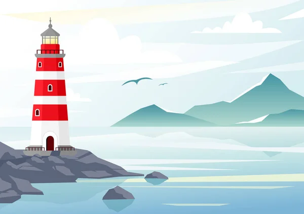 Vektorillustration des blauen Meereshintergrundes mit Wellen und Bergen. Leuchtturm auf den Felsen, Meereslandschaft mit blauem Himmel, Nebel. — Stockvektor