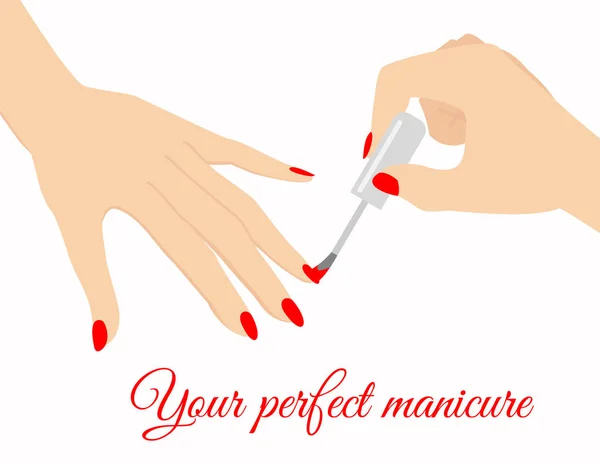 Ilustração vetorial de mão mulher elegante fazendo manicure, esmalte de unhas cor vermelha no fundo branco com lugar para texto em estilo plano . — Vetor de Stock