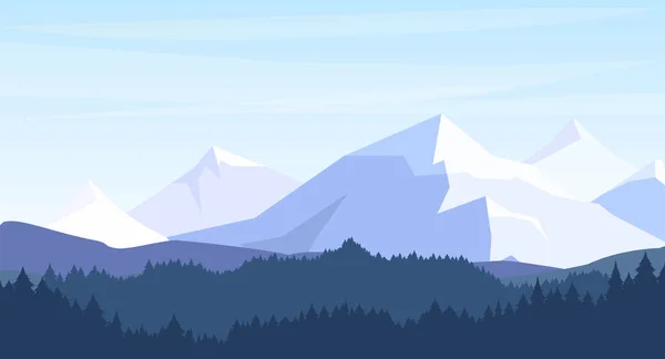 Illustrazione vettoriale di belle montagne con sfondo silhouette foresta in colori pastello. viaggio, turismo, escursionismo concetto in stile piatto . — Vettoriale Stock