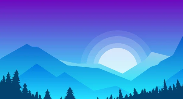 Ilustração vetorial de montanhas e silhueta florestal com sol nascente. Montanhas na hora da manhã, cor azul e estilo plano . —  Vetores de Stock