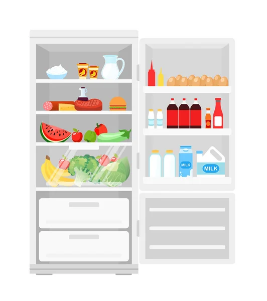 Illustrazione vettoriale di frigorifero aperto moderno pieno di cibo. Un sacco di prodotti in frigorifero, frutta e verdura, latte e uova, cibo sano in stile piatto . — Vettoriale Stock