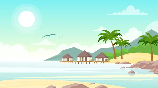 Vector illustration of sea beach with hotel. Beautiful small villas on the ocean seaside. Summer landscape, vacation concept in flat style. — Stock Vector